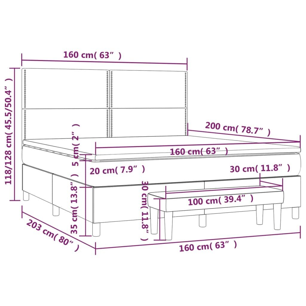 vidaXL Sänky jousilla ja patjalla, harmaa, 160x200 cm, sametti hinta ja tiedot | Sängyt | hobbyhall.fi