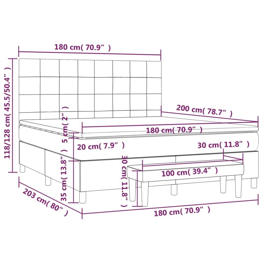 vidaXL Sänky jousilla ja patjalla, harmaa, 180x200 cm, sametti hinta ja tiedot | Sängyt | hobbyhall.fi