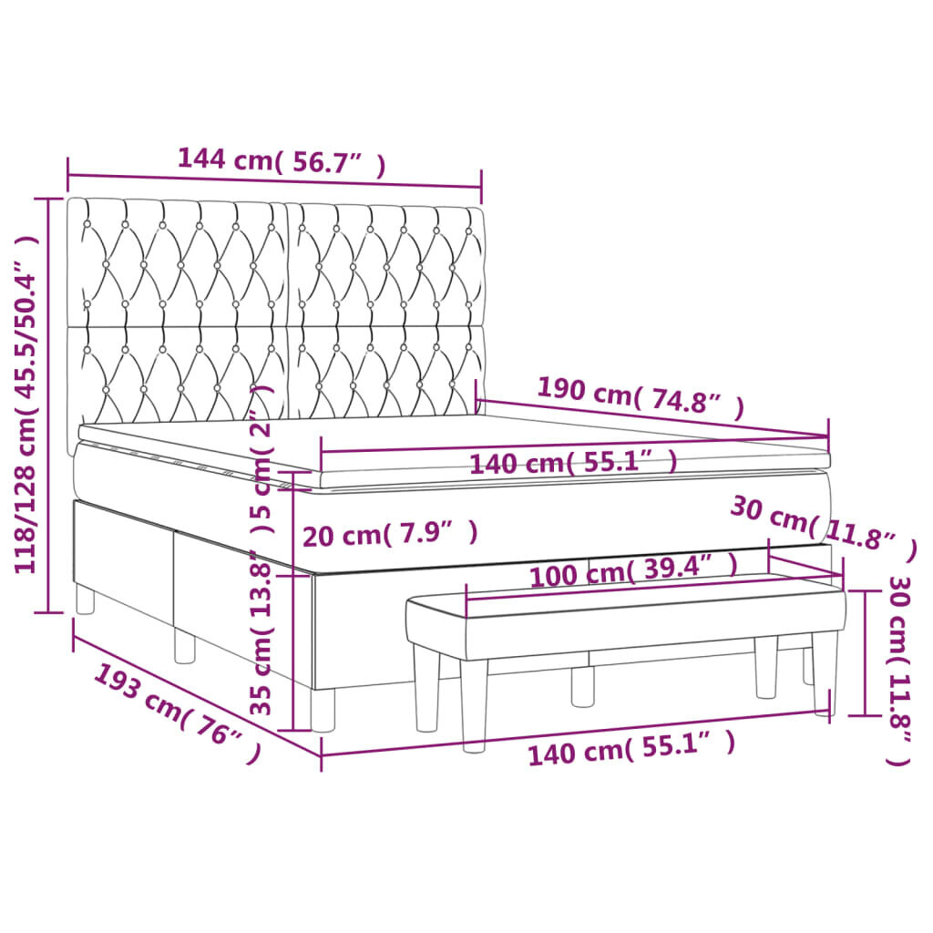 vidaXL Sänky jousilla ja patjalla, harmaa, 140x190 cm, sametti hinta ja tiedot | Sängyt | hobbyhall.fi