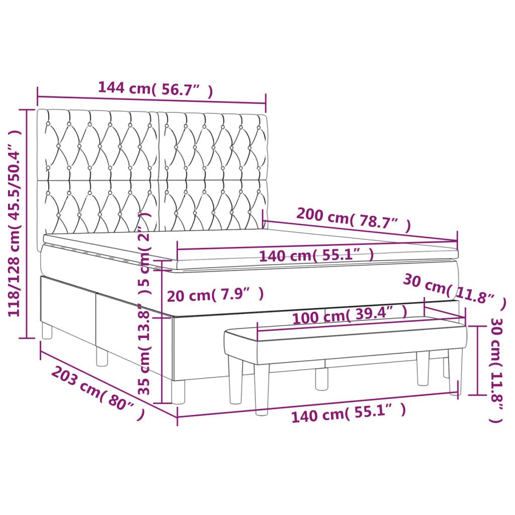 vidaXL Sänky jousilla ja patjalla, harmaa, 140x200 cm, sametti hinta ja tiedot | Sängyt | hobbyhall.fi