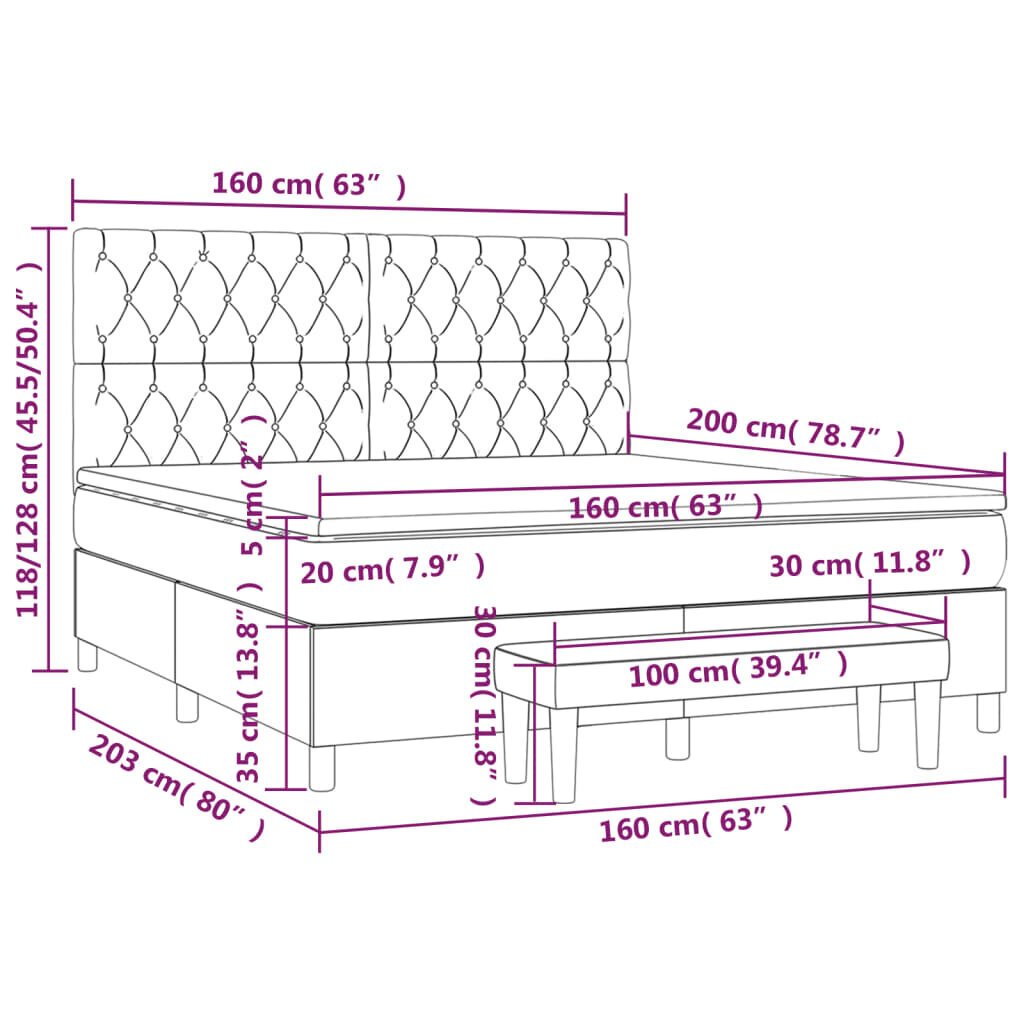 vidaXL Box jousisänky patjalla, harmaa, 160x200 cm, sametti hinta ja tiedot | Sängyt | hobbyhall.fi