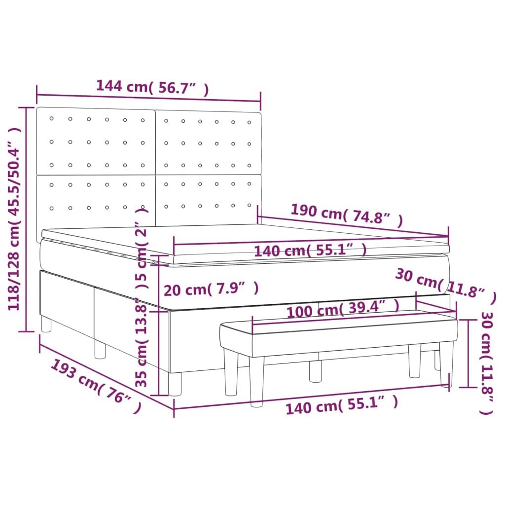 vidaXL Sänky jousilla ja patjalla, harmaa, 140x190 cm, sametti hinta ja tiedot | Sängyt | hobbyhall.fi