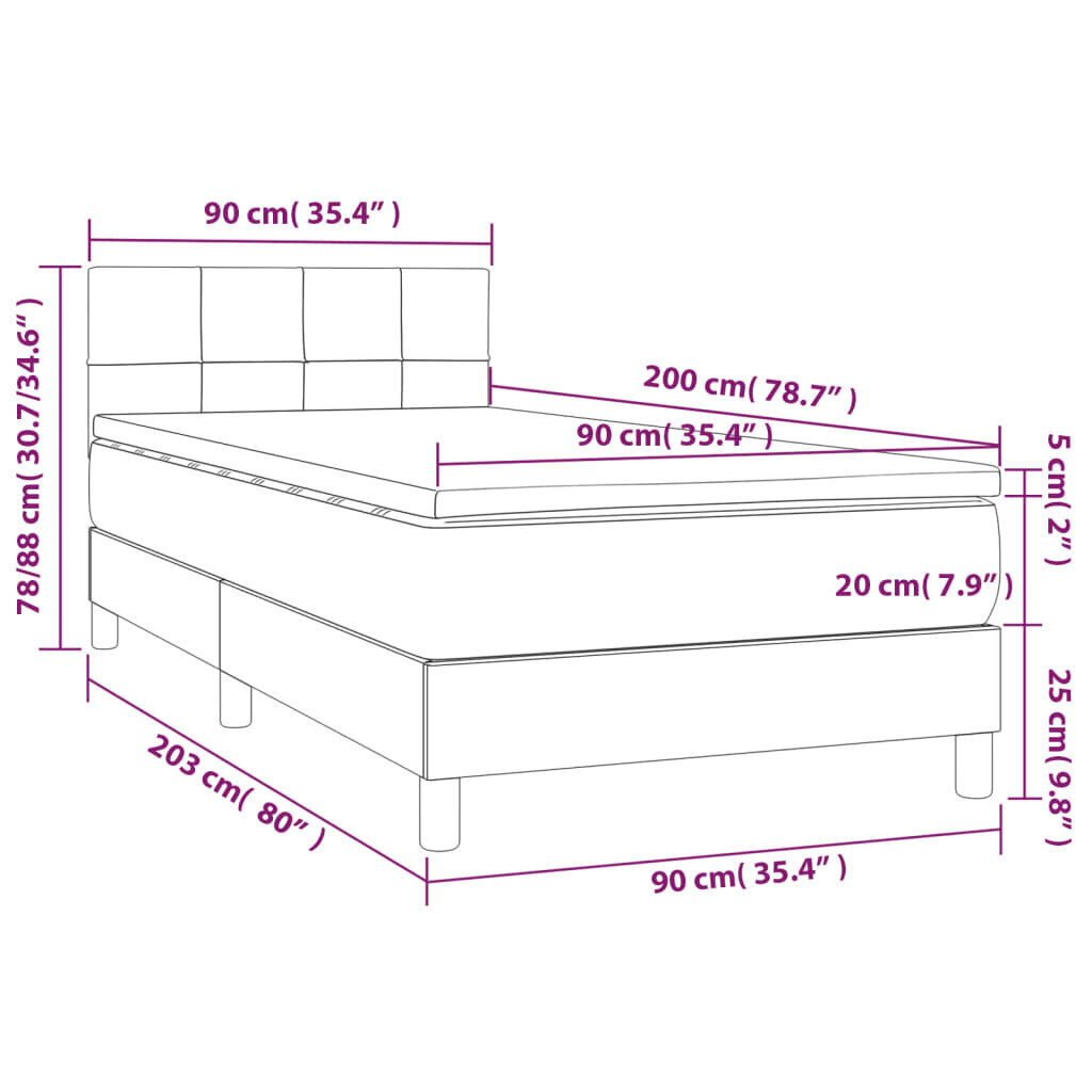 Sänky jousilla ja patjalla vidaXL, Kangas, 90x200 cm, harmaa hinta ja tiedot | Sängyt | hobbyhall.fi