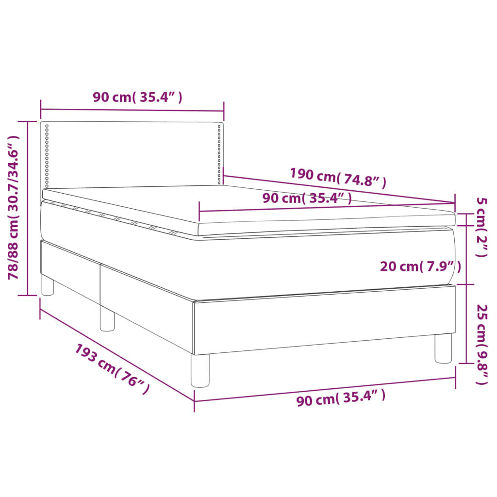 vidaXL Sänky jousilla ja patjalla, tummanharmaa, 90x190cm, kangas hinta ja tiedot | Sängyt | hobbyhall.fi