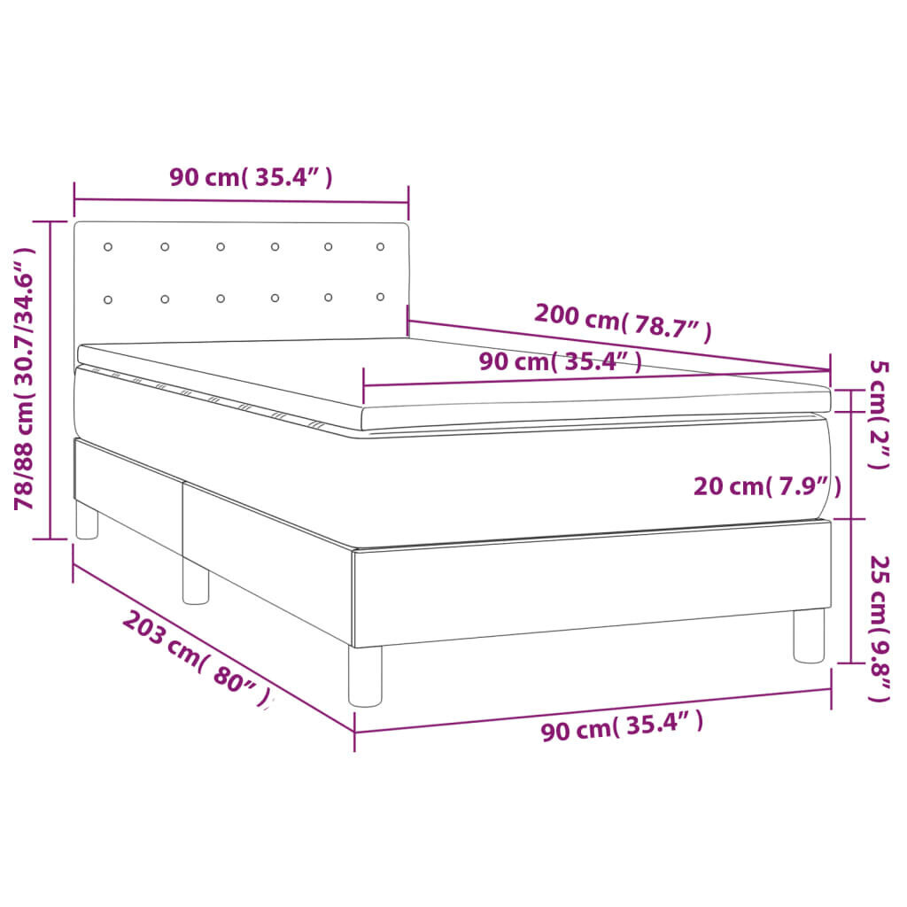 Sänky jousilla ja patjalla vidaXL, Kangas, 90x200 cm, harmaa hinta ja tiedot | Sängyt | hobbyhall.fi