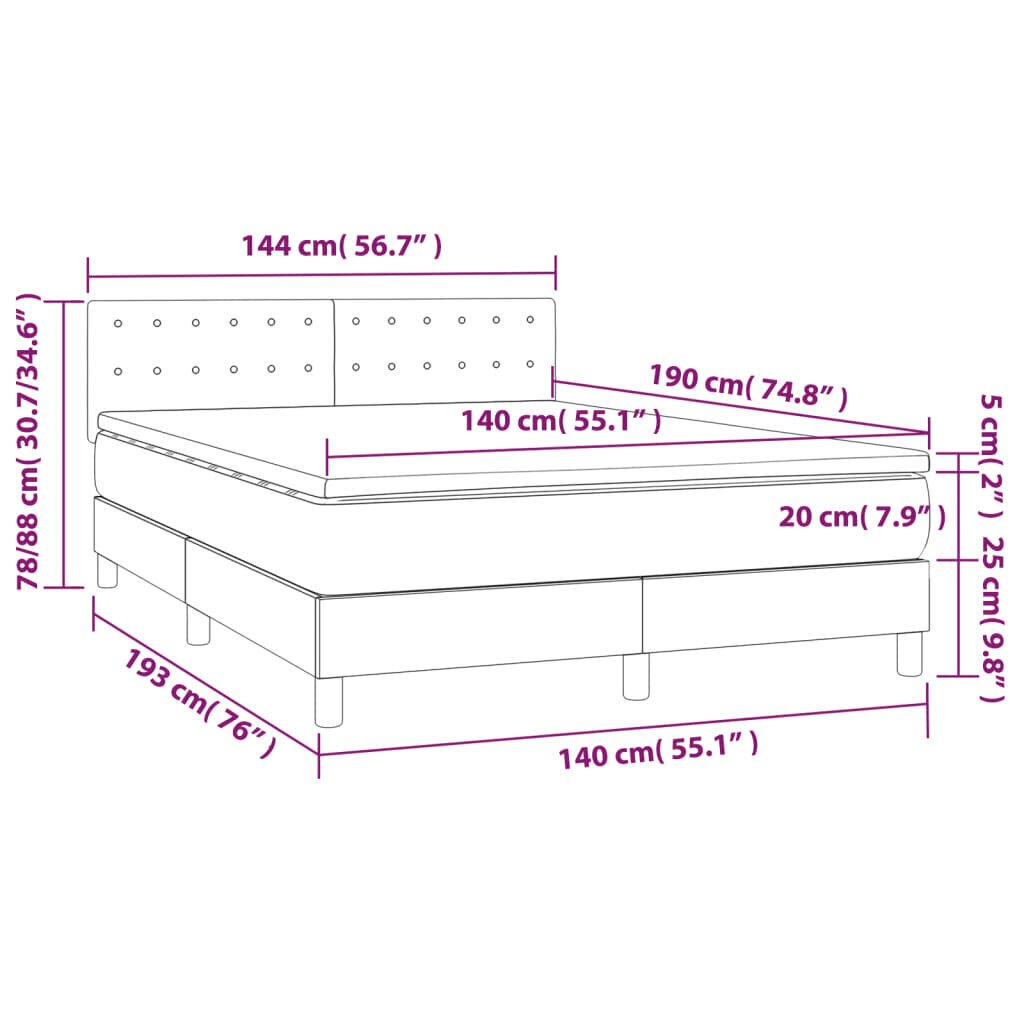 Sänky jousilla ja patjalla vidaXL, harmaa, 140x190 cm., keinonahkaa hinta ja tiedot | Sängyt | hobbyhall.fi