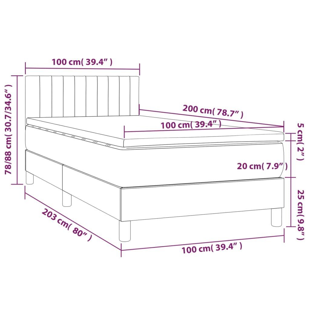 vidaXL Sänky jousilla ja patjalla, harmaa, 100x200 cm, sametti hinta ja tiedot | Sängyt | hobbyhall.fi