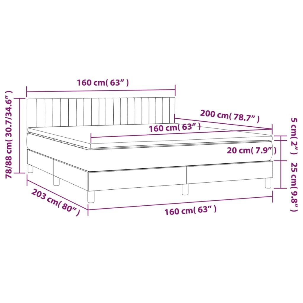 vidaXL Box jousisänky patjalla, harmaa, 160x200 cm, samettia hinta ja tiedot | Sängyt | hobbyhall.fi