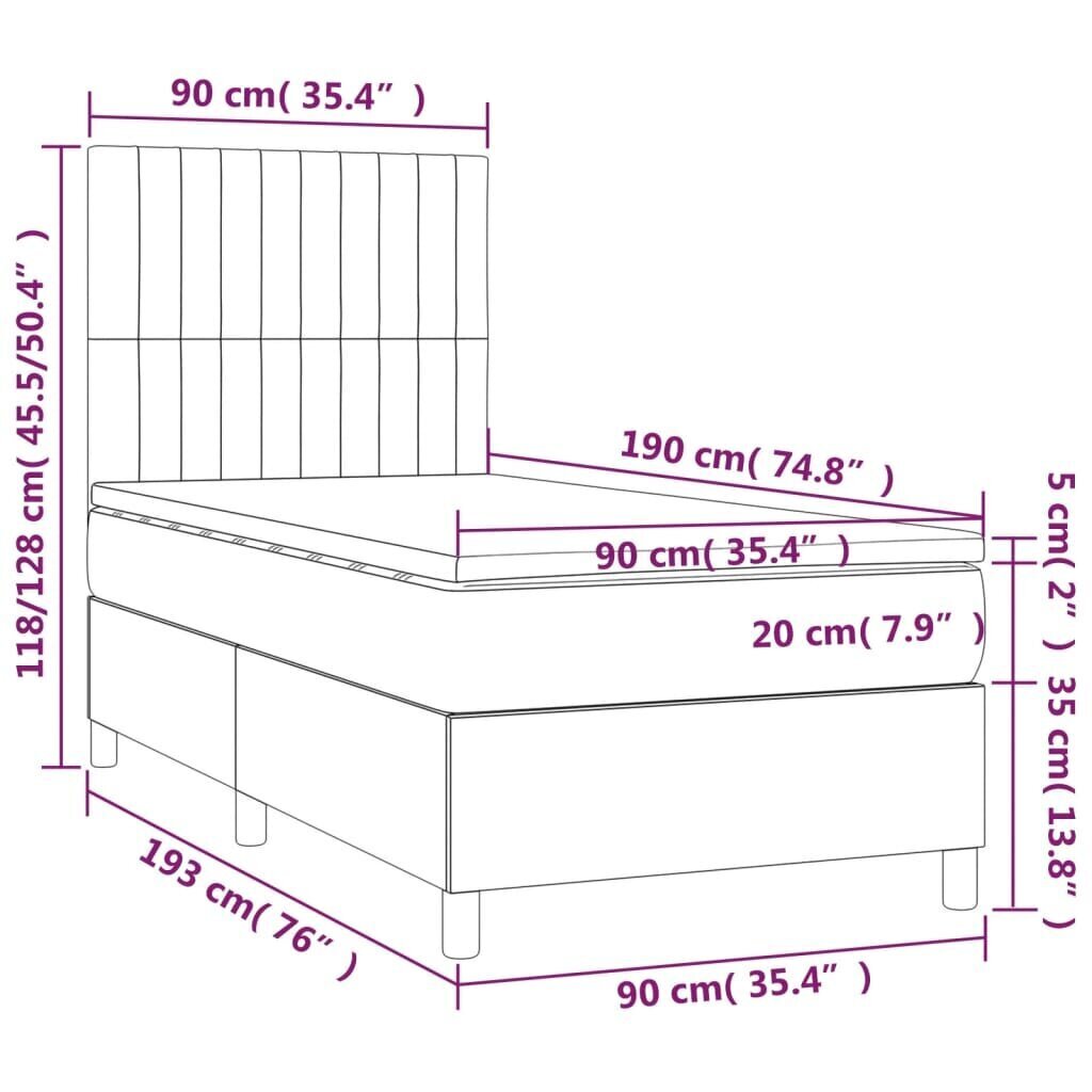 Sänky jousilla ja patjalla vidaXL, tummanharmaa, 90x190 cm., kangas hinta ja tiedot | Sängyt | hobbyhall.fi