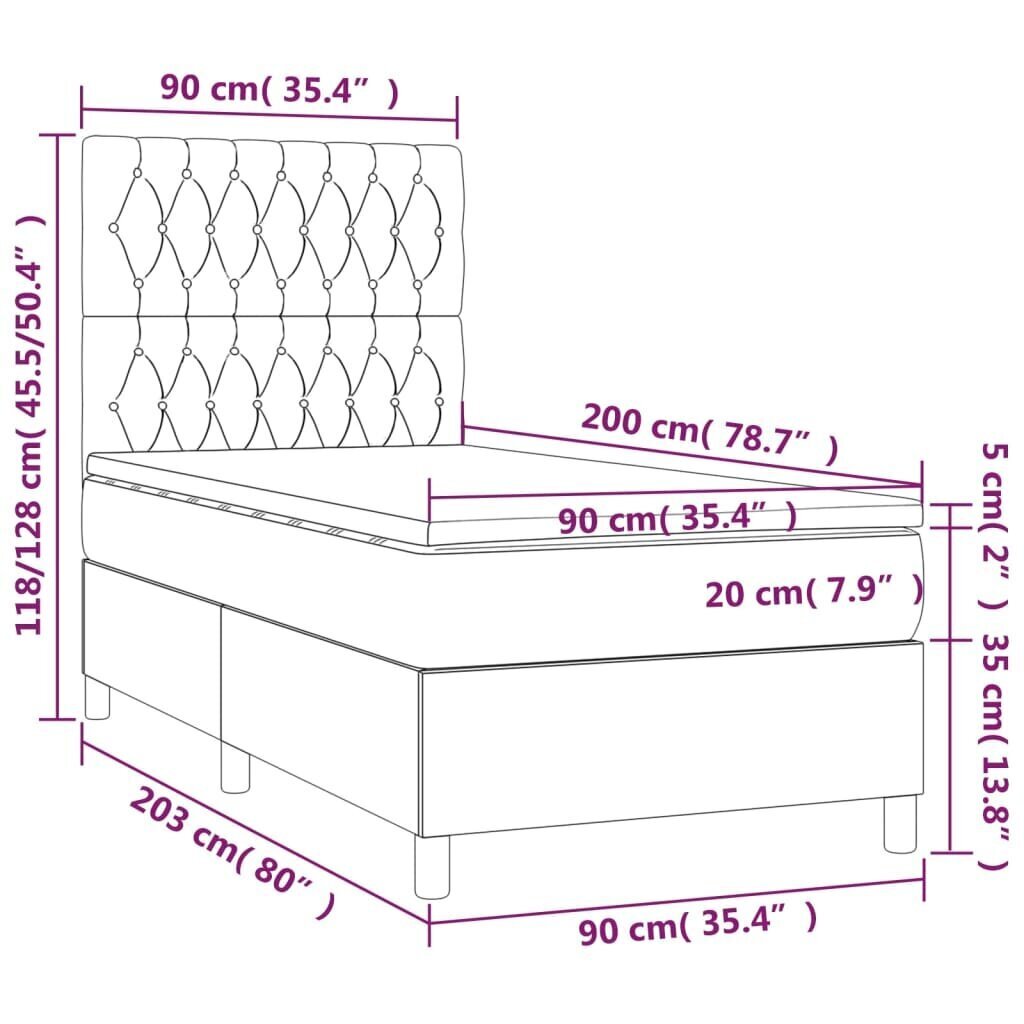 Sänky jousilla ja patjalla vidaXL, Kangas, 90x200 cm, harmaa hinta ja tiedot | Sängyt | hobbyhall.fi