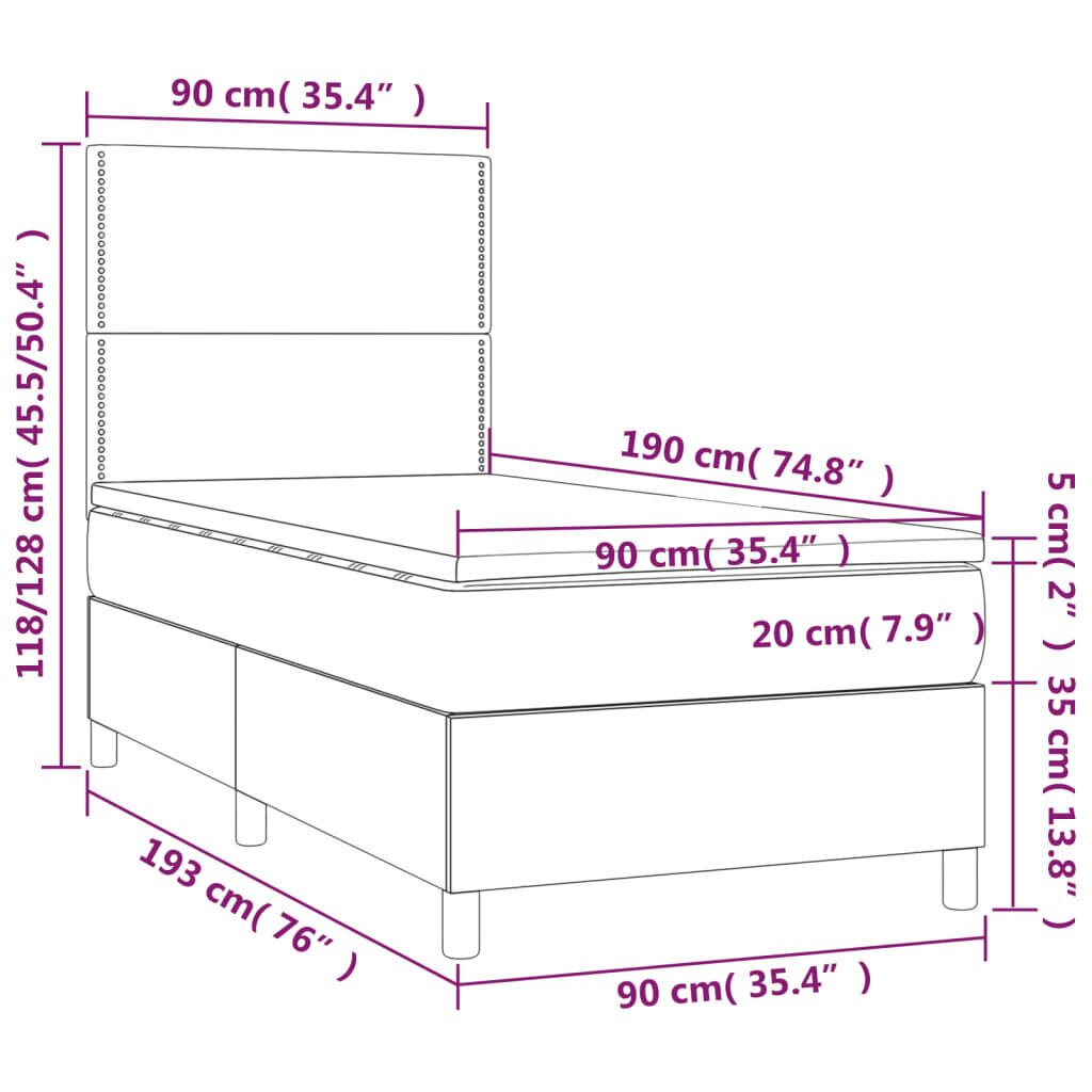 Sänky jousilla ja patjalla vidaXL, tummanharmaa, 90x190 cm., kangas hinta ja tiedot | Sängyt | hobbyhall.fi