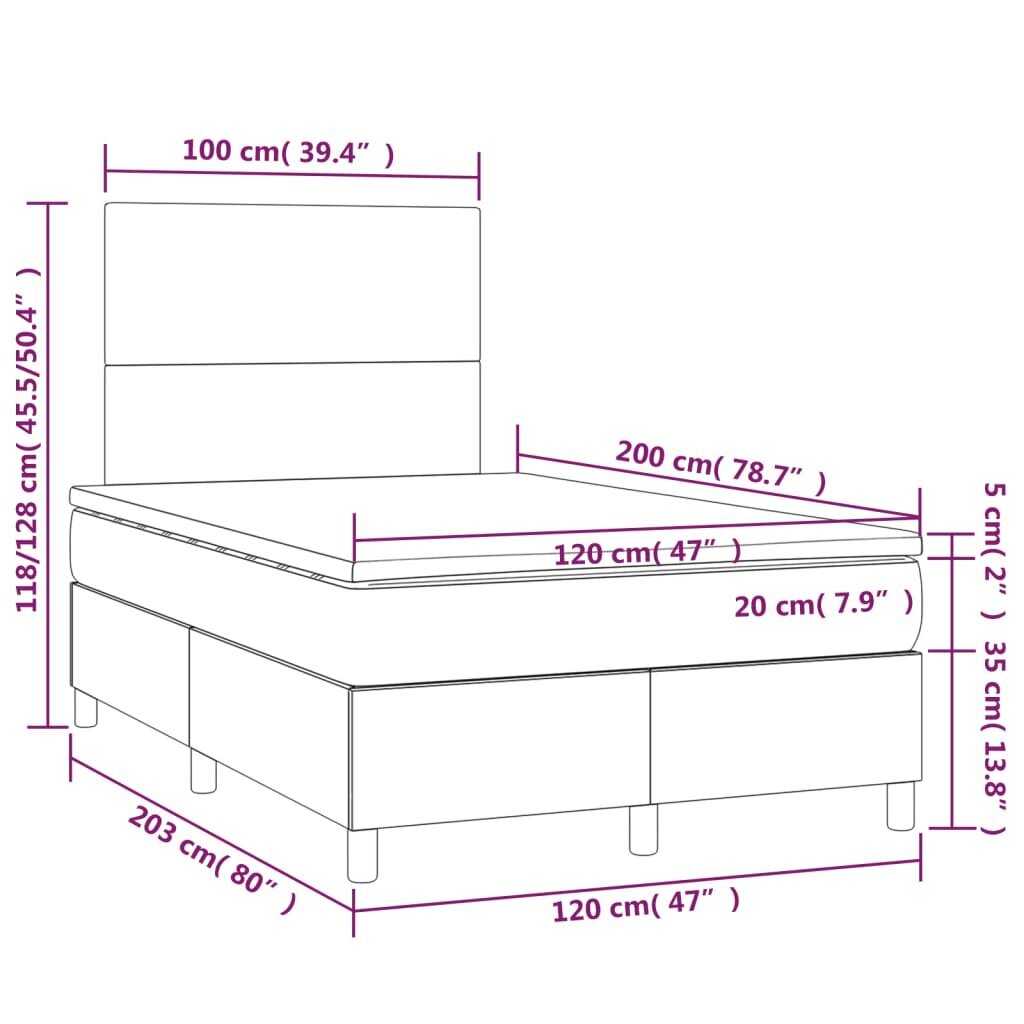 vidaXL Sänky jousilla ja patjalla, harmaa, 120x200cm, sametti hinta ja tiedot | Sängyt | hobbyhall.fi