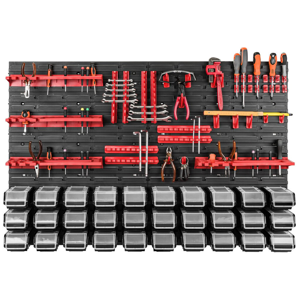 115 x 78 cm Seinähylly 30 mustaa säilytyslaatikkoa Kansi Työkalupidike Pinoamislaatikot Työpajatyöpöytä hinta ja tiedot | Työkalupakit ja muu työkalujen säilytys | hobbyhall.fi