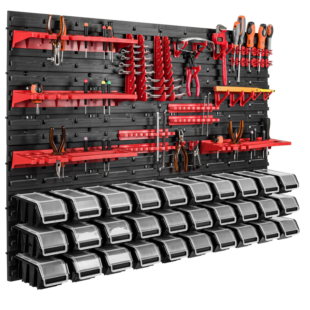 115 x 78 cm Seinähylly 30 mustaa säilytyslaatikkoa Kansi Työkalupidike Pinoamislaatikot Työpajatyöpöytä hinta ja tiedot | Työkalupakit ja muu työkalujen säilytys | hobbyhall.fi