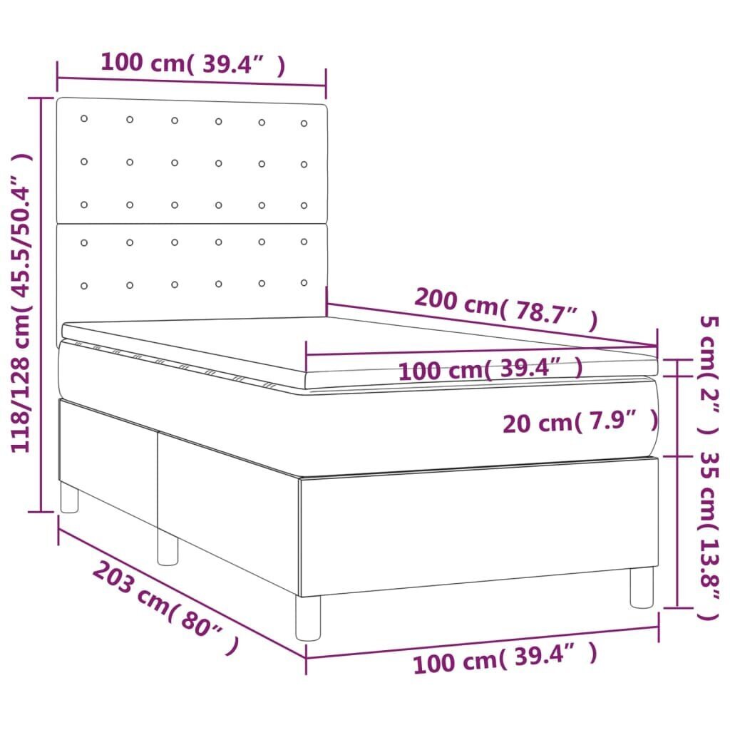 vidaXL Box jousisänky patjalla, musta, 100x200 cm, sametti hinta ja tiedot | Sängyt | hobbyhall.fi