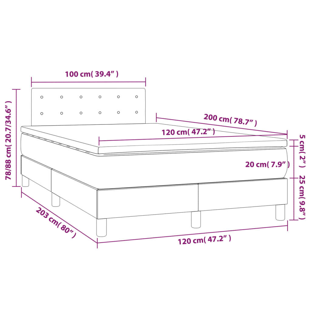 Sänky jousilla/patjalla/LED vidaXL, Kangas, 120x200cm, harmaa hinta ja tiedot | Sängyt | hobbyhall.fi