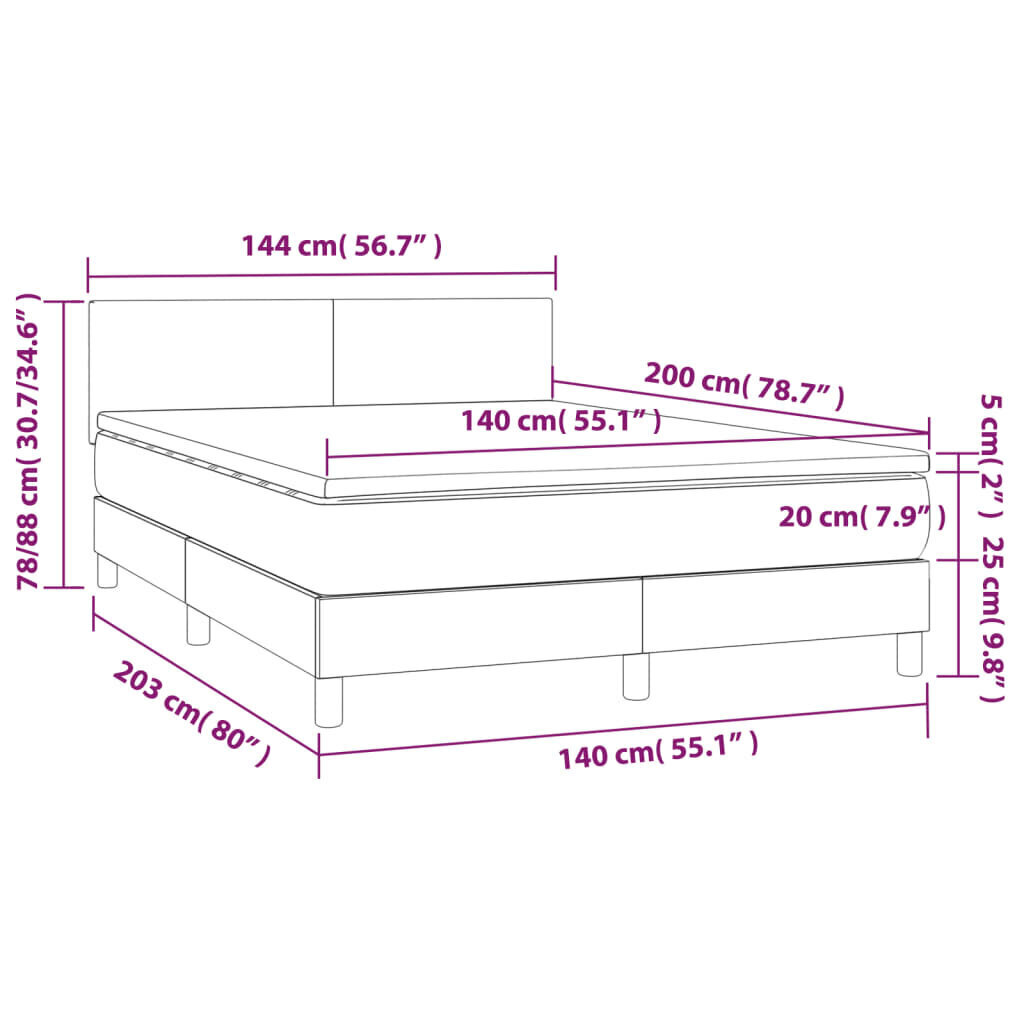 Sänky jousilla/patja/LED vidaXL, Kangas, 140x200 cm, harmaa hinta ja tiedot | Sängyt | hobbyhall.fi