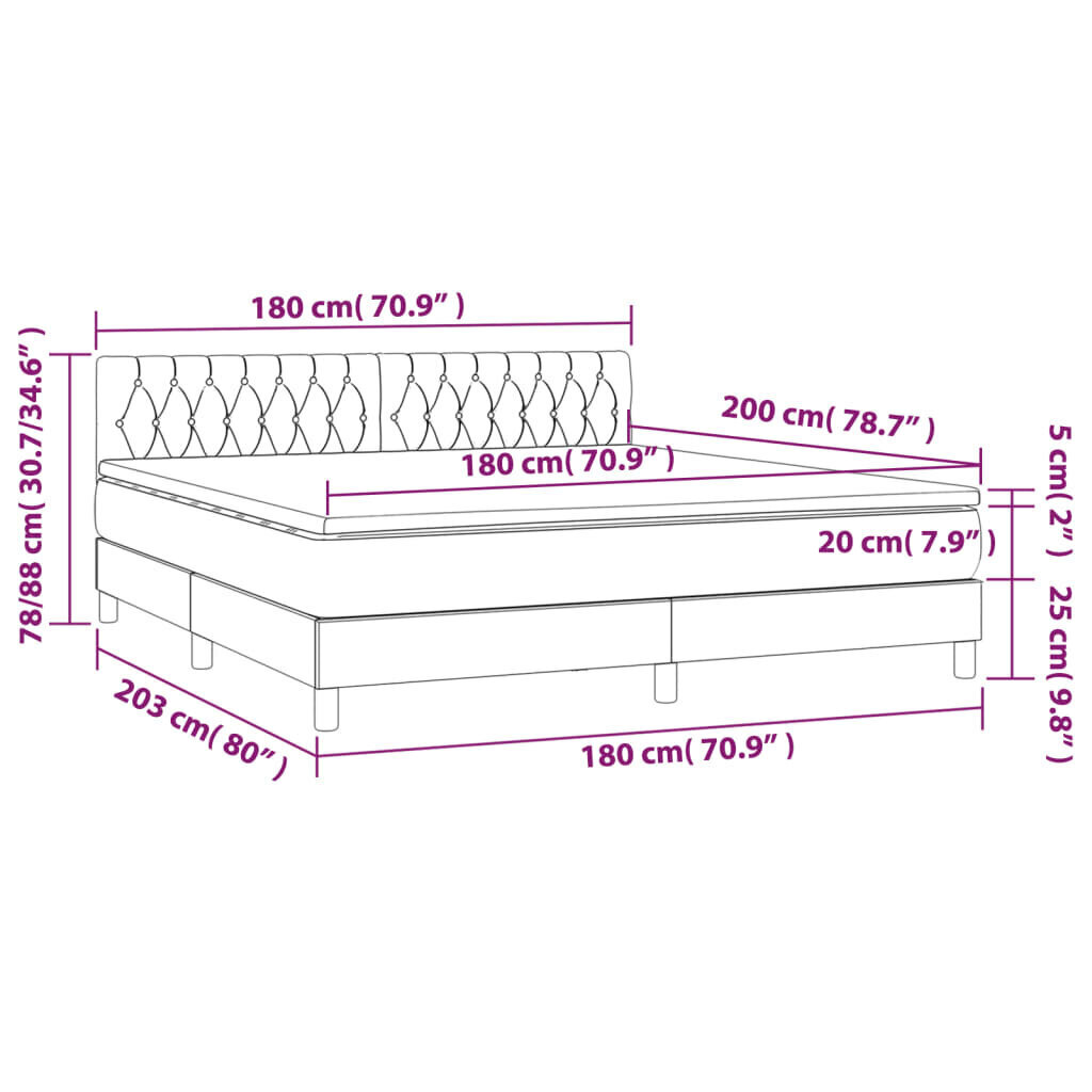 Sänky jousilla/patja/LED vidaXL, Kangas, 180x200 cm, sininen hinta ja tiedot | Sängyt | hobbyhall.fi