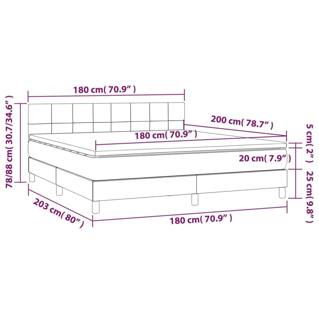 Sänky jousilla/patja/LED vidaXL, Kangas, 180x200 cm, harmaa hinta ja tiedot | Sängyt | hobbyhall.fi