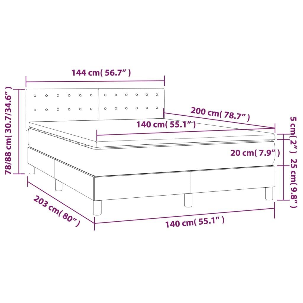 Sänky jousilla/patja/LED vidaXL, Kangas, 140x200 cm, harmaa hinta ja tiedot | Sängyt | hobbyhall.fi