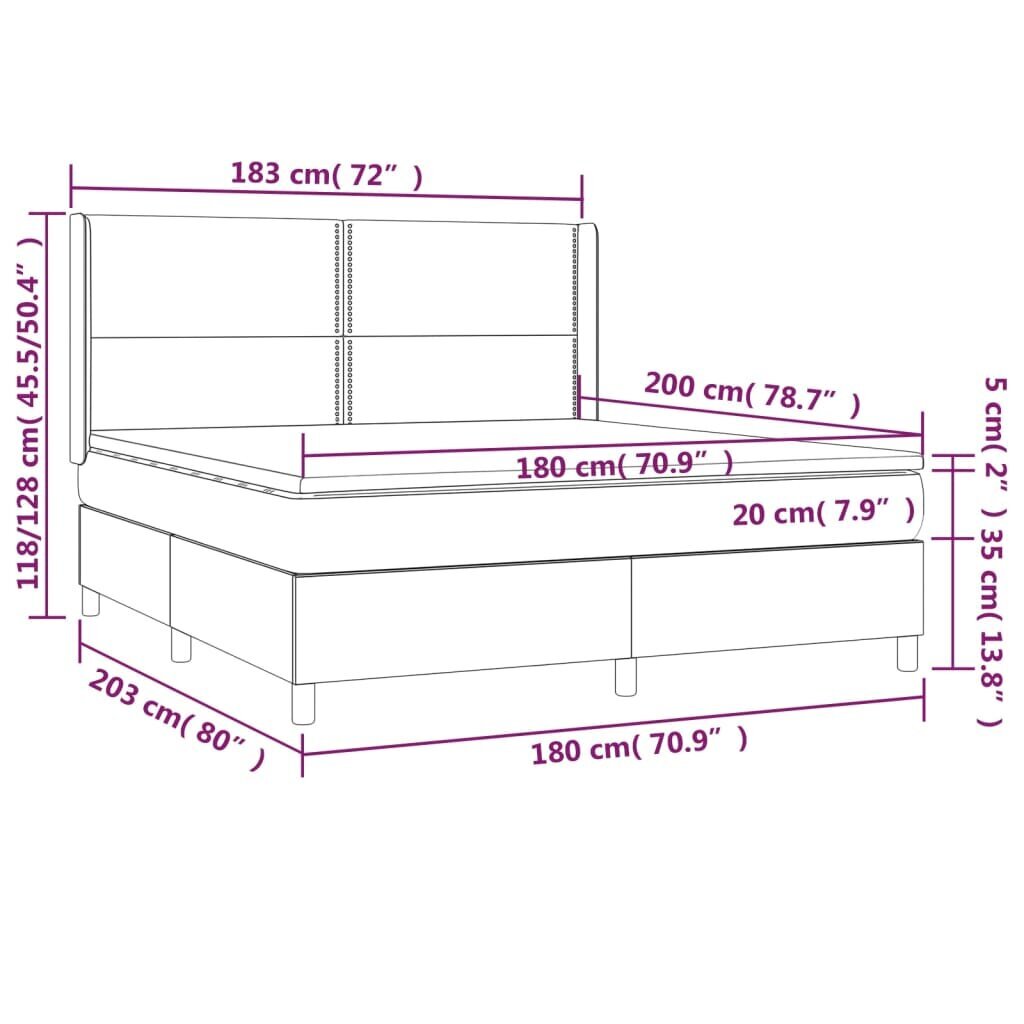 vidaXL Sänky jousilla/patja/LED, harmaa, 180x200 cm, kangas hinta ja tiedot | Sängyt | hobbyhall.fi