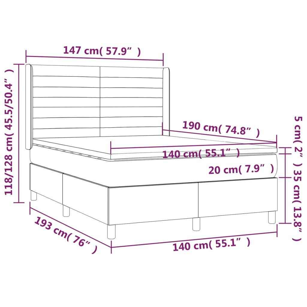 Sänky jousilla/patja/LED vidaXL, Kangas, 140x190 cm, sininen hinta ja tiedot | Sängyt | hobbyhall.fi