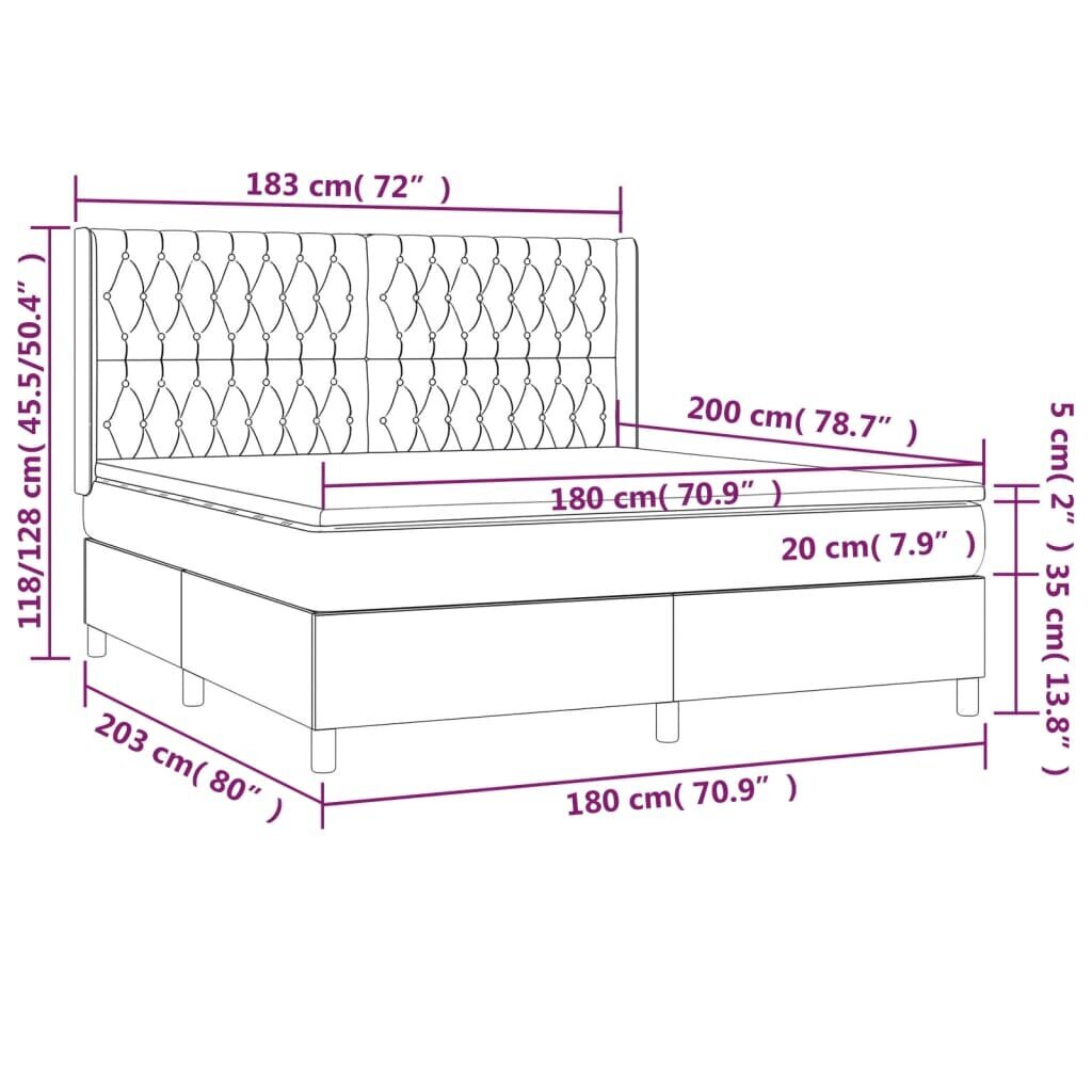 vidaXL Sänky jousilla/patja/LED, harmaa, 180x200 cm, kangas hinta ja tiedot | Sängyt | hobbyhall.fi