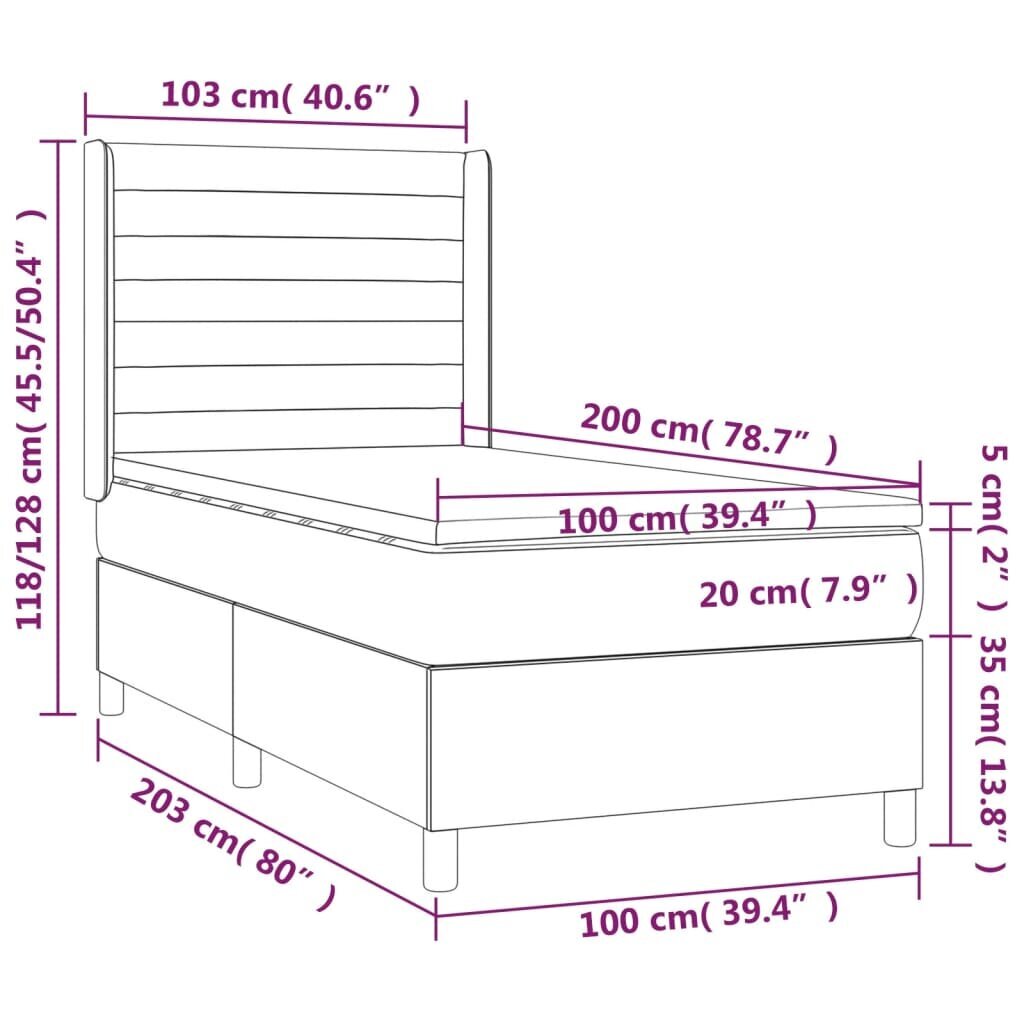 vidaXL Sänky jousilla/patjalla/LED, sininen, 100x200cm, sametti hinta ja tiedot | Sängyt | hobbyhall.fi