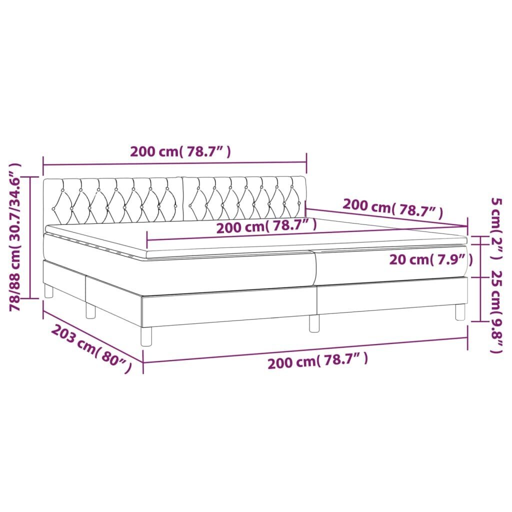 vidaXL Sänky jousilla/patja/LED, harmaa, 200x200cm, sametti hinta ja tiedot | Sängyt | hobbyhall.fi