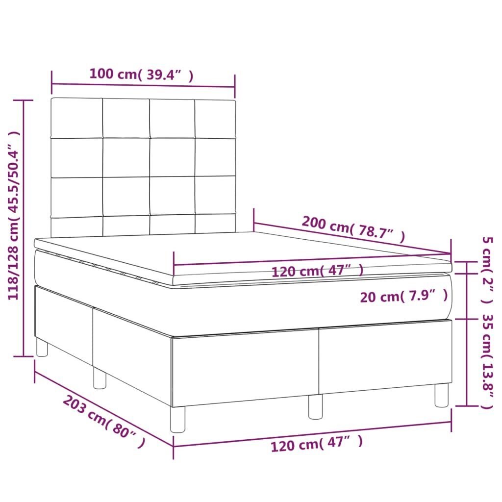 vidaXL Sänky jousilla/patjalla/LED, ruskea, 120x200cm, kangas hinta ja tiedot | Sängyt | hobbyhall.fi