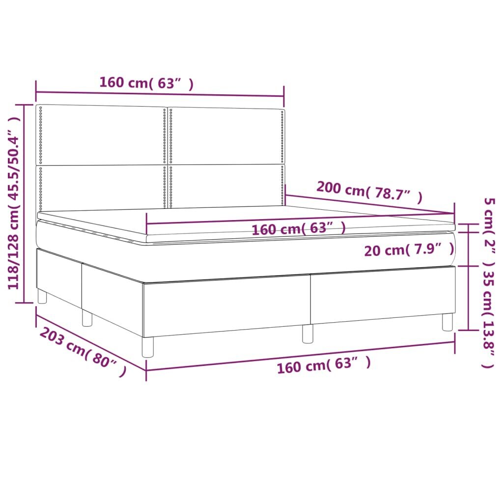 vidaXL Sänky jousilla/patjalla/LED, harmaa 160x200cm tekonahka hinta ja tiedot | Sängyt | hobbyhall.fi