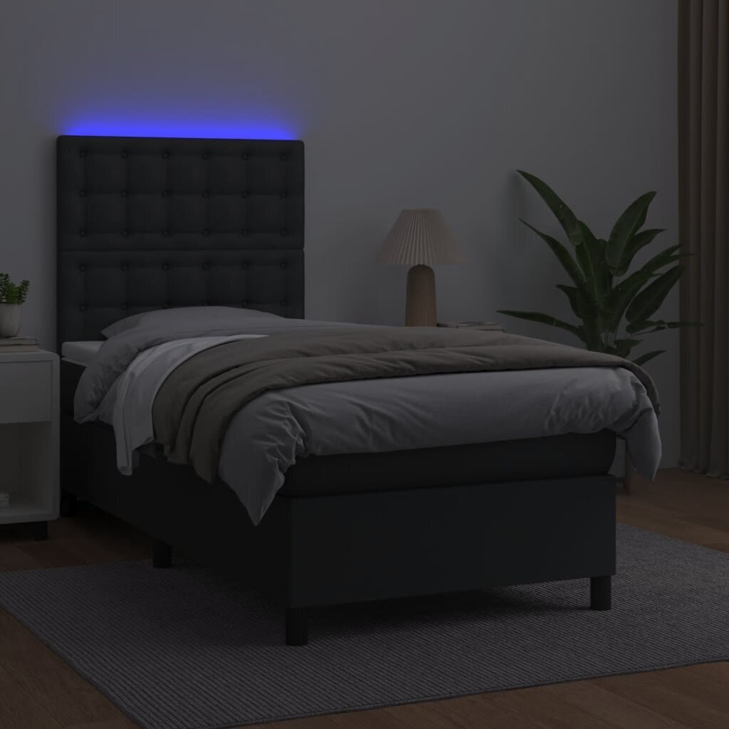 vidaXL Sänky jousilla/patjalla/LED, musta, 90x190cm tekonahka hinta ja tiedot | Sängyt | hobbyhall.fi