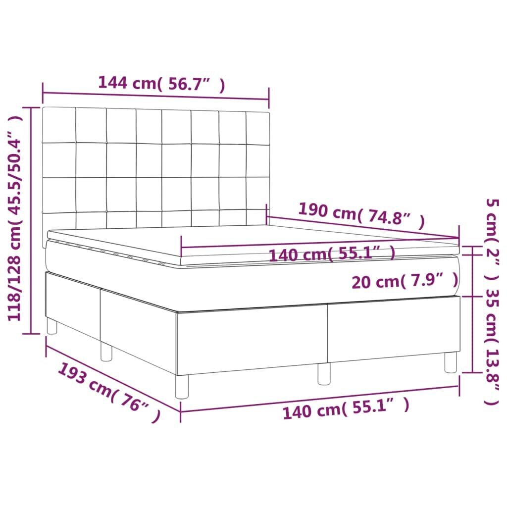 Sänky jousilla/patjalla/LED vidaXL, 140x190 cm, ruskea hinta ja tiedot | Sängyt | hobbyhall.fi