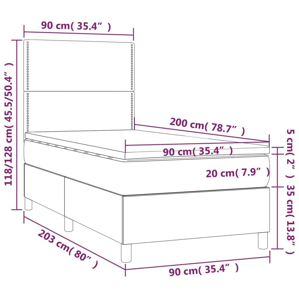 vidaXL Sänky jousilla/patja/LED, harmaa, 90x200cm, sametti hinta ja tiedot | Sängyt | hobbyhall.fi