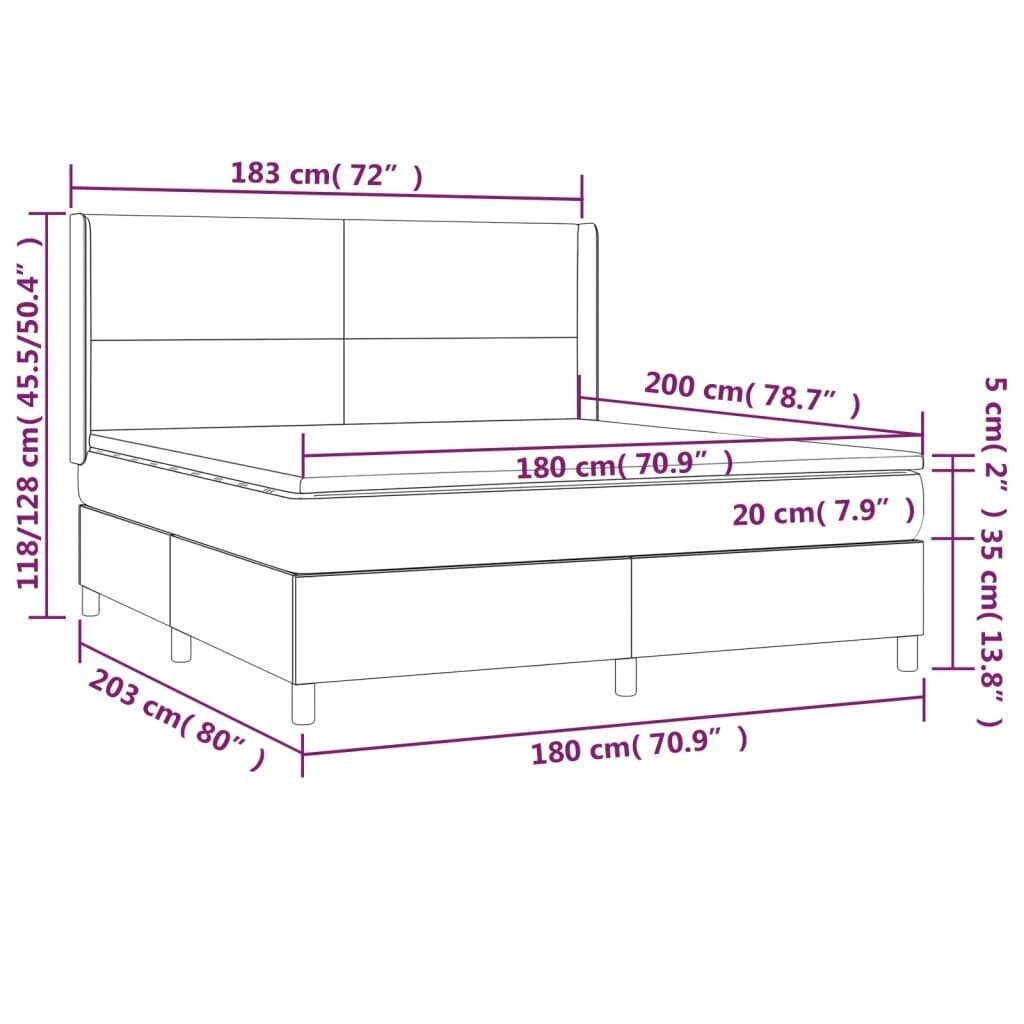 vidaXL Sänky jousilla/patjalla/LED, harmaa 180x200cm tekonahka hinta ja tiedot | Sängyt | hobbyhall.fi