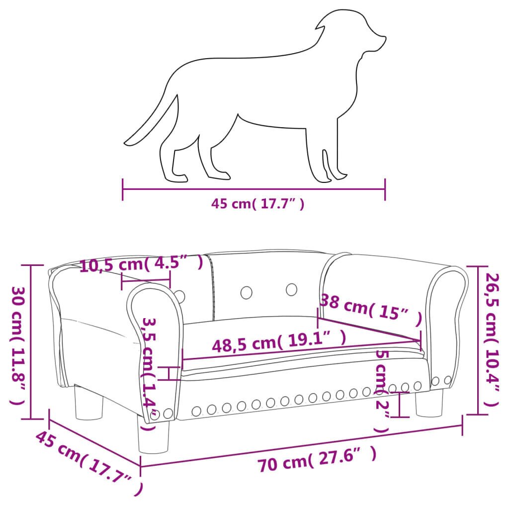 Samettisänky koirille VidaXL, 70x45x30 cm, harmaa hinta ja tiedot | Pedit ja pesät | hobbyhall.fi