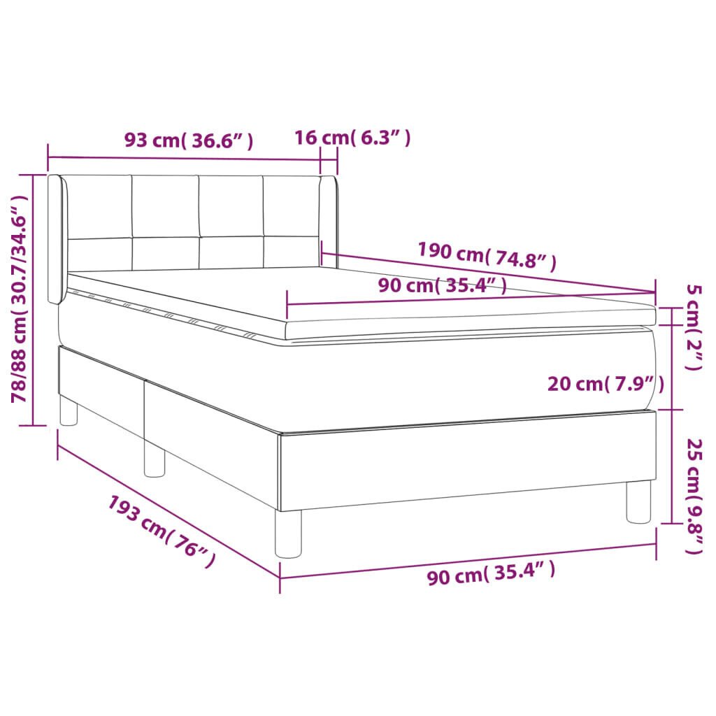 Sänky jousilla ja patjalla, 90x190 cm, sininen hinta ja tiedot | Sängyt | hobbyhall.fi