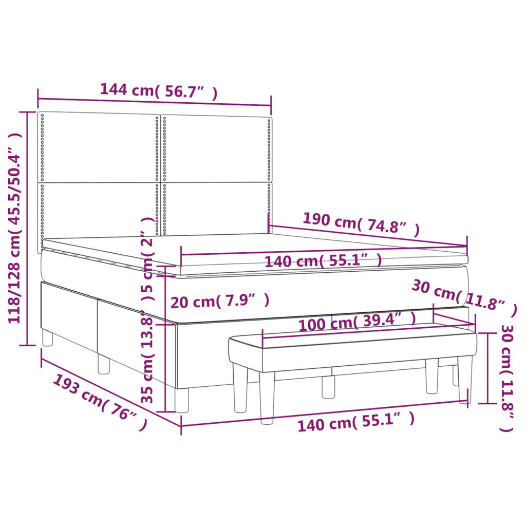 Sänky jousilla ja patjalla, harmaa, 140x190cm hinta ja tiedot | Sängyt | hobbyhall.fi