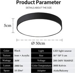 Nats 36W kattovalaisin LED -kattovalaisin Ultra ohut pyöreä valo, lämmin valkoinen 3000K Ø500x50mm, toimistossa olohuoneen keittiön salin makuuhuone 50 x 50 x 5 cm (musta) hinta ja tiedot | Kattovalaisimet | hobbyhall.fi