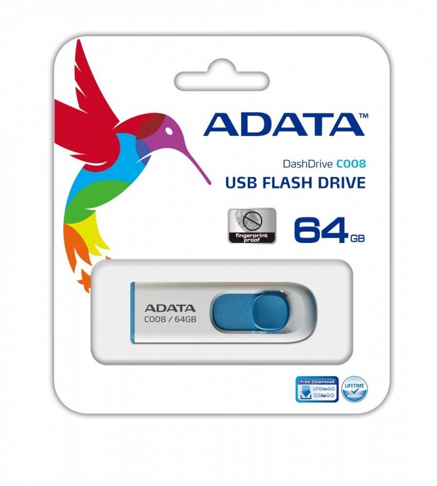 ADATA C008 64 GB, USB 2.0, White hinta ja tiedot | Muistitikut | hobbyhall.fi