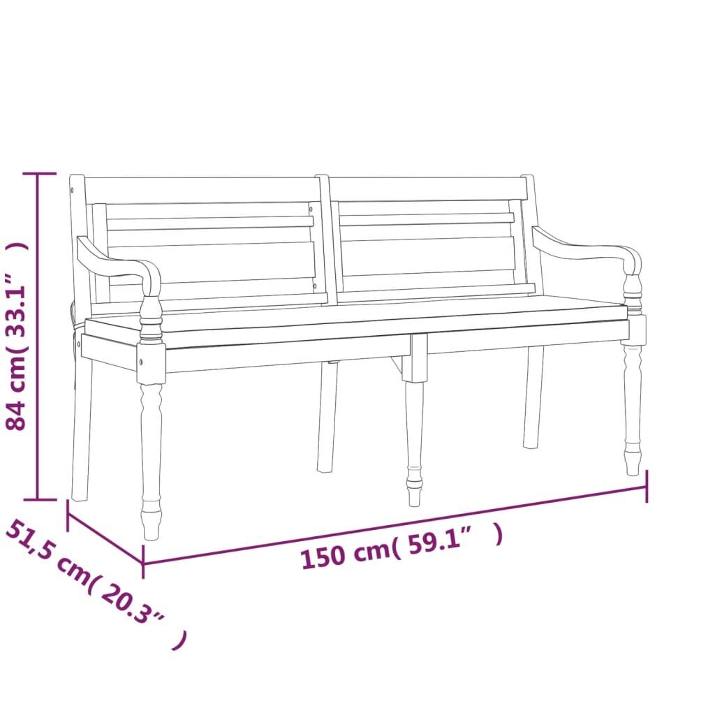 vidaXL Batavia penkki tyynyllä, 150cm, massiivitiikki hinta ja tiedot | Puutarhapenkit | hobbyhall.fi