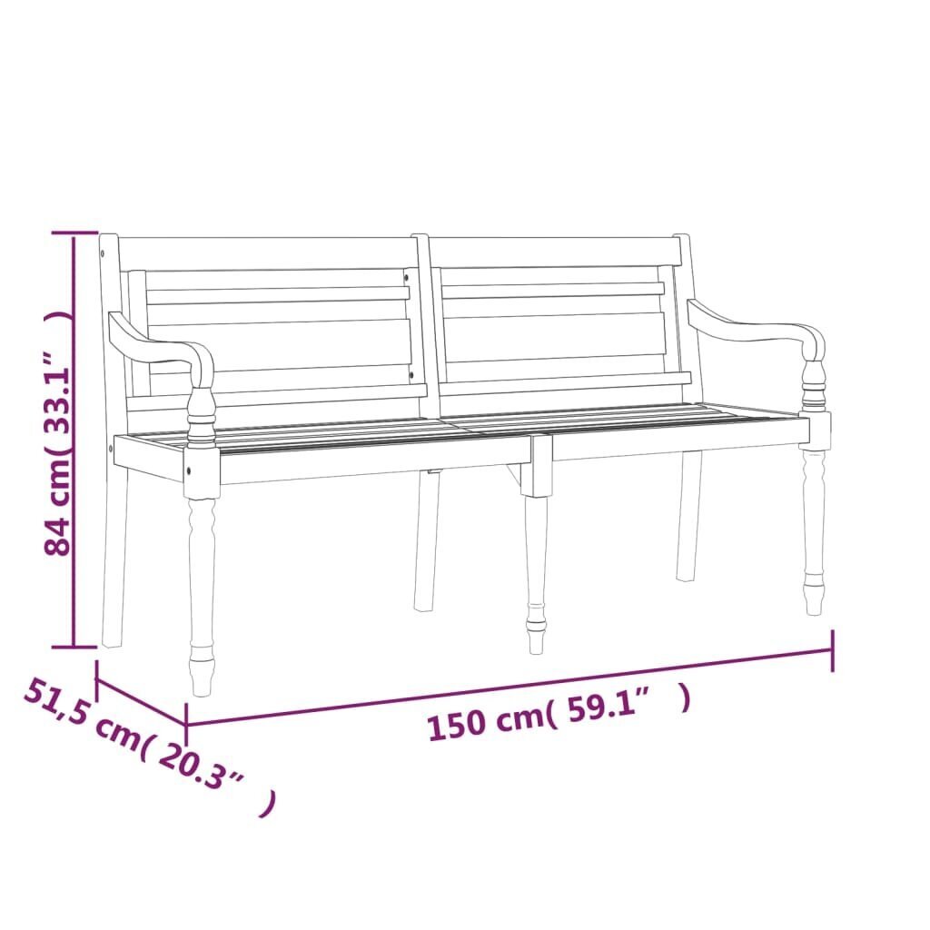 vidaXL Batavia penkki tummansinisellä tyynyllä, 150cm, tiikki hinta ja tiedot | Puutarhapenkit | hobbyhall.fi