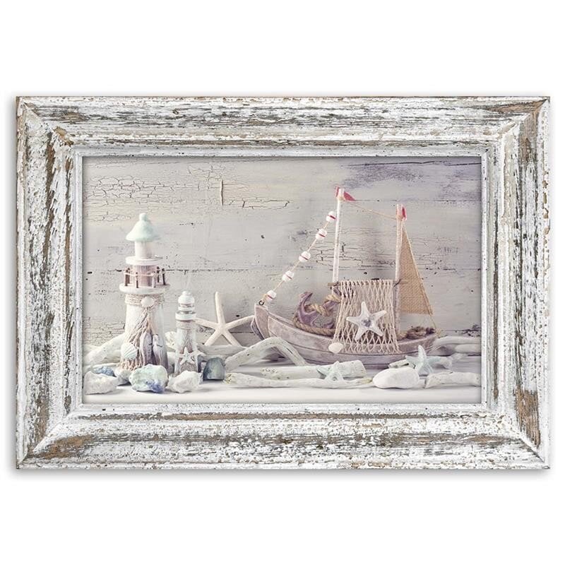 Canvas Print, Seaside -matkamuistot nuhjuinen tyylikäs puinen runko /60x40 hinta ja tiedot | Taulut | hobbyhall.fi