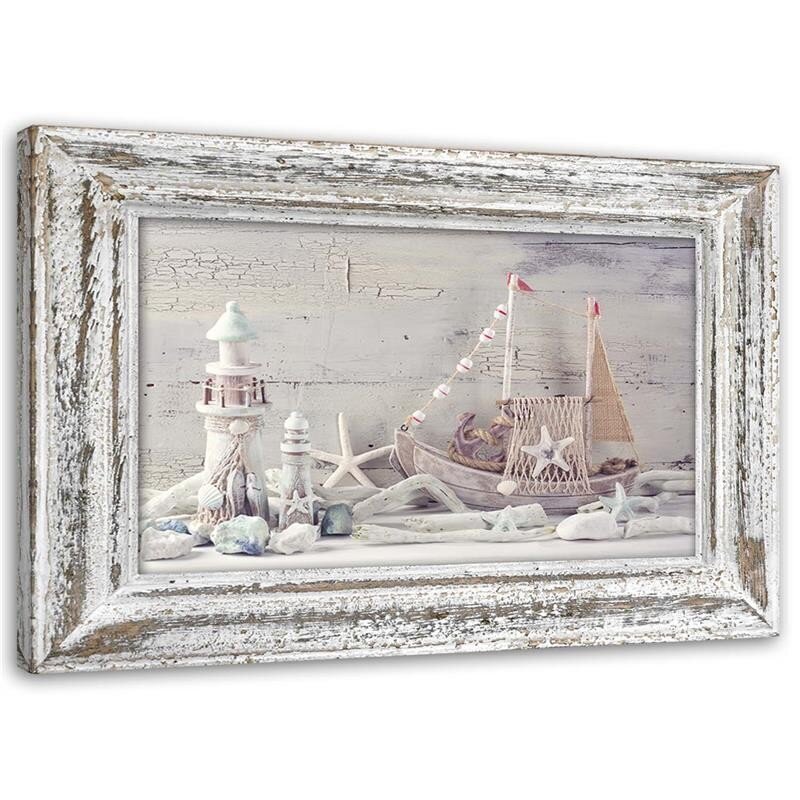 Canvas Print, Seaside -matkamuistot nuhjuinen tyylikäs puinen runko /60x40 hinta ja tiedot | Taulut | hobbyhall.fi