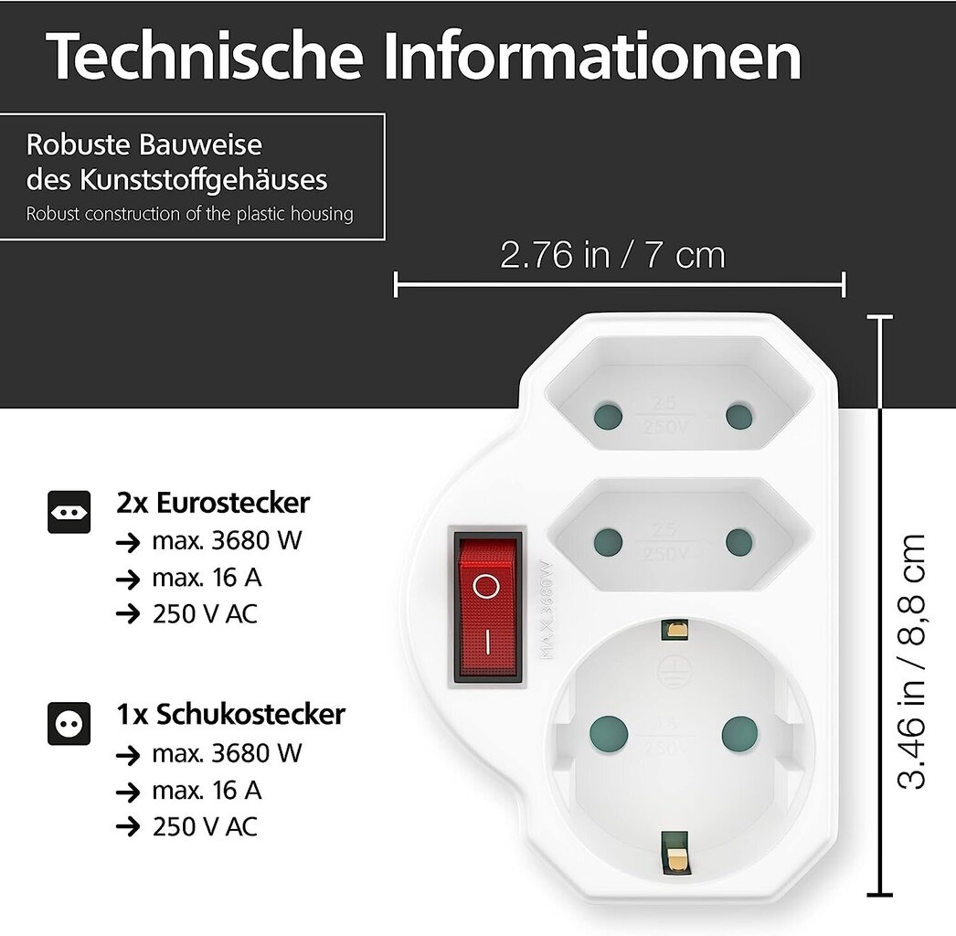 Benon 2 Aseta useita pistokkeita kytkimellä - pistorasiasovitin lasten lukituksella - kaksoistulppa 3680W - 3 -kertainen moni -plug - 2 euroa ja 1 schuko - useita pistorasia hinta ja tiedot | Kytkimet ja pistorasiat | hobbyhall.fi