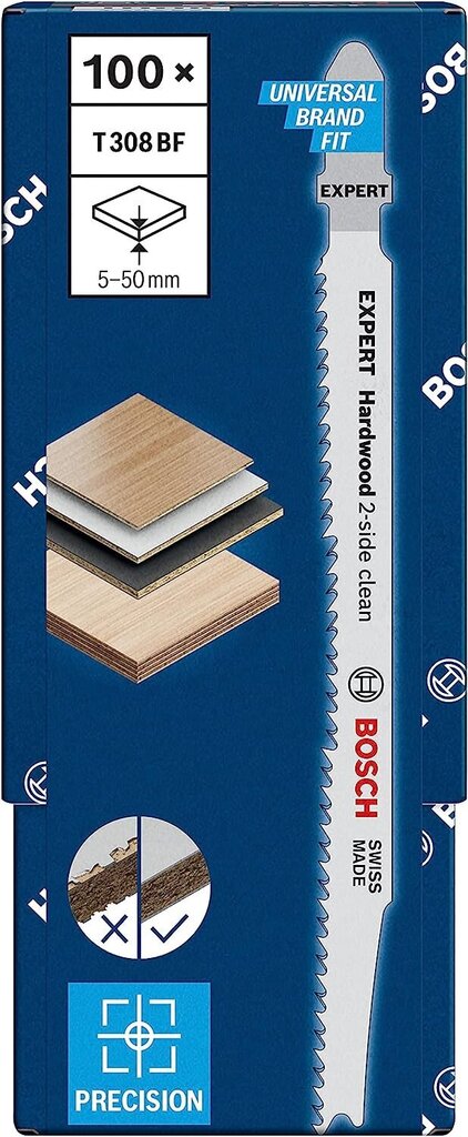 Bosch Professional 100x Stitch Sowblatt -asiantuntija 'Wood 2-Side Clean' T 308 B (vanerille, massiivipuun huonekalulevylle, pituus 117 mm, tarvikkeiden palapeli) hinta ja tiedot | Sahat ja sirkkelit | hobbyhall.fi