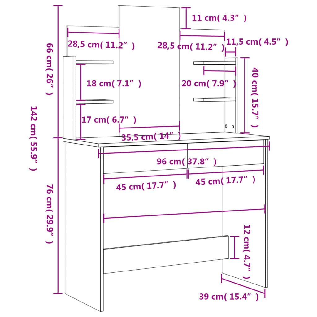 Pöytä vidaXL, 96x39x142 cm, beige hinta ja tiedot | Peilipöydät | hobbyhall.fi