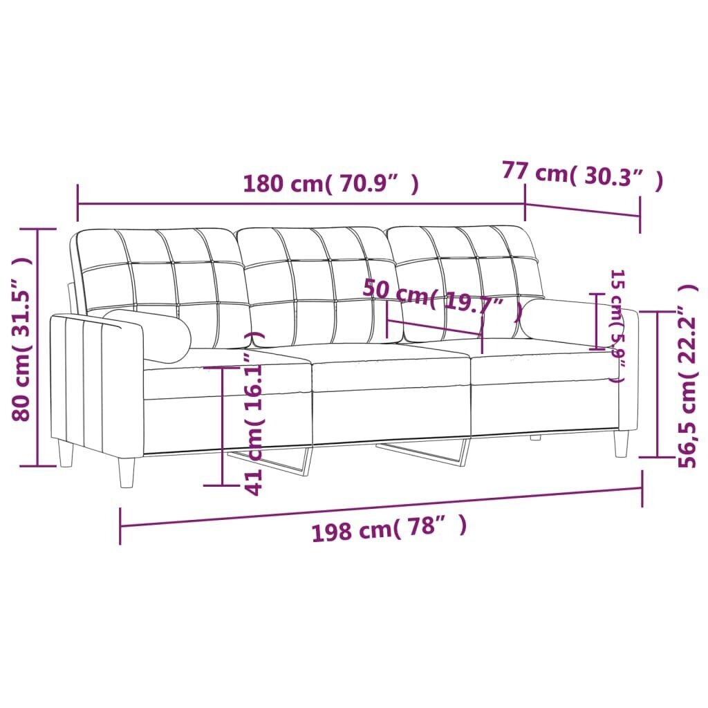 Kolmen istuttava sohva vidaXL, 198 x 77 x 80 cm, punainen hinta ja tiedot | Sohvat ja vuodesohvat | hobbyhall.fi