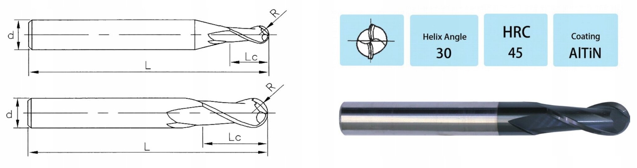 VHM kuulakärkileikkuri - Fi4 R2 x 8 x 50 mm - 45 HRC hinta ja tiedot | Jyrsimet | hobbyhall.fi