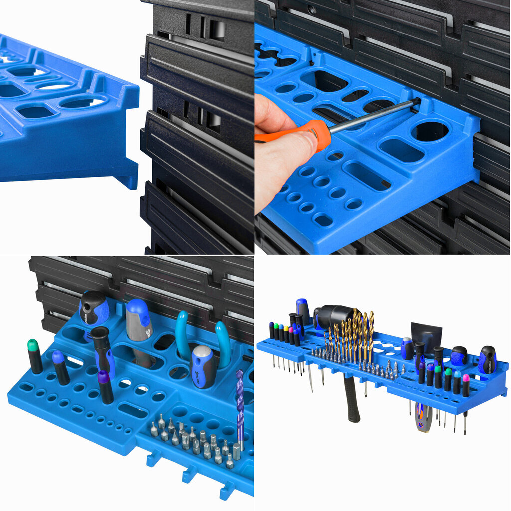 Työkaluseinä metalli 156x72 cm Säilytysjärjestelmä, jossa on työkalunpitimet Työkalukoukut ja 8 pinoamislaatikkoa 100 x 150 x 70 mm Väri: sininen Rei'itetty levy Työpaja Autotalli Kiinnitystaulu Sähkö hinta ja tiedot | Työkalupakit ja muu työkalujen säilytys | hobbyhall.fi